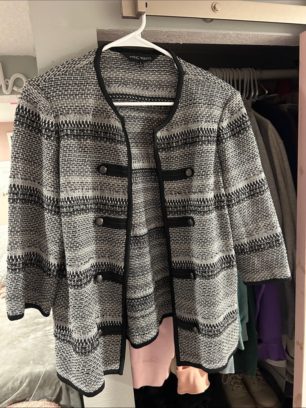 Ming Wang Black and White Textured Open-Front Blazer